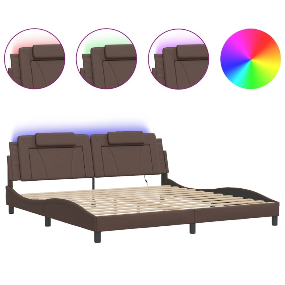 vidaXL Cadru de pat cu lumini LED, maro, 200x200 cm, piele ecologică