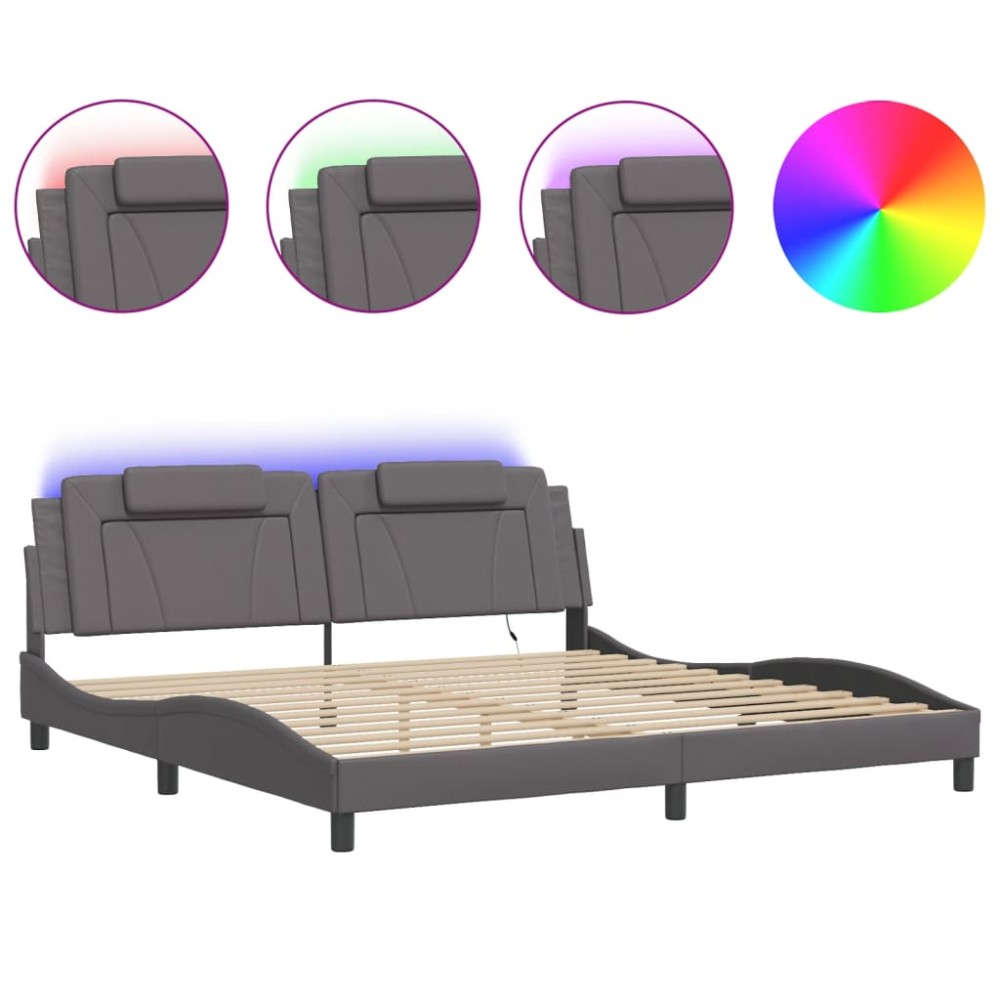 vidaXL Cadru de pat cu lumini LED, gri, 200x200 cm, piele ecologică