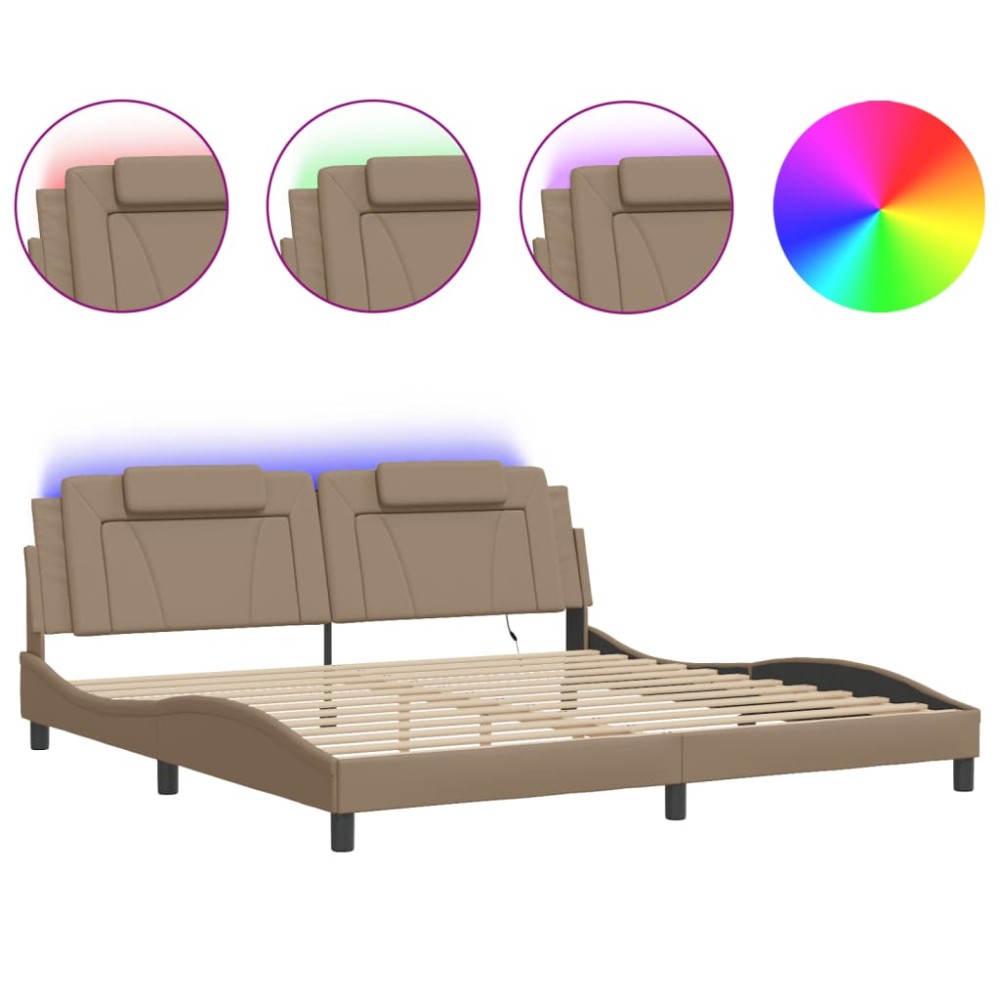 vidaXL Cadru de pat lumini LED, cappuccino, 200x200 cm piele ecologică