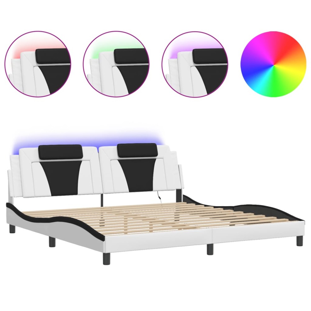 vidaXL Cadru de pat cu lumini LED alb/negru 200x200 cm piele ecologică