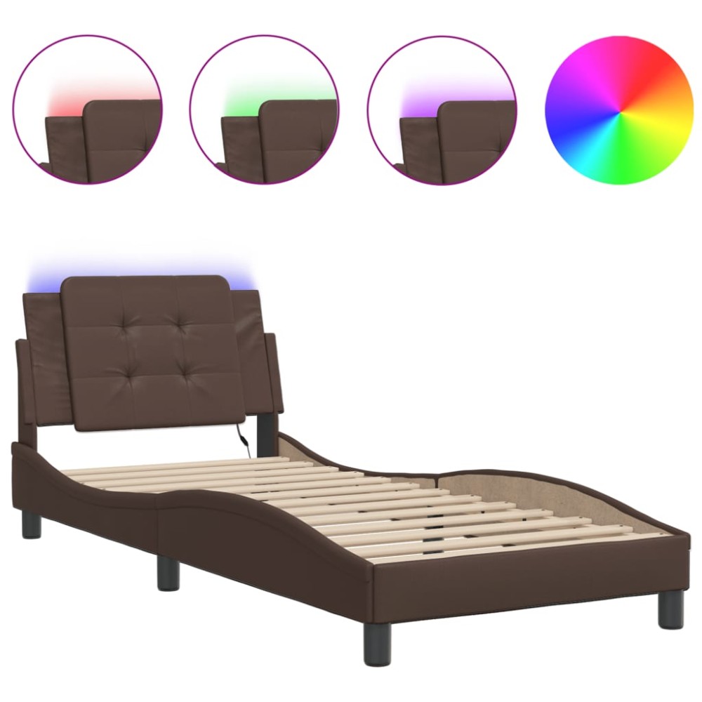 vidaXL Cadru de pat cu lumini LED, maro, 90x190 cm, piele ecologică