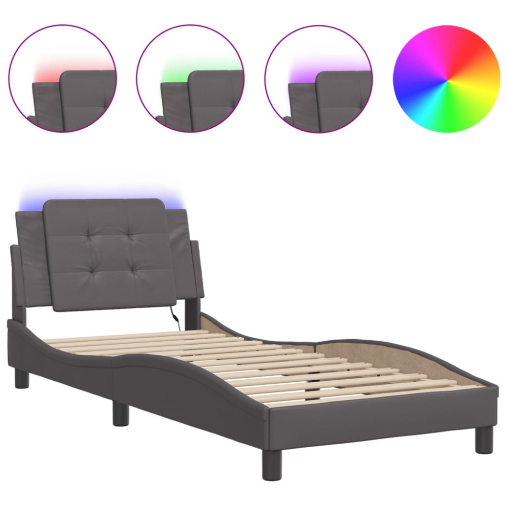 vidaXL Cadru de pat cu lumini LED, gri, 90x190 cm, piele ecologică