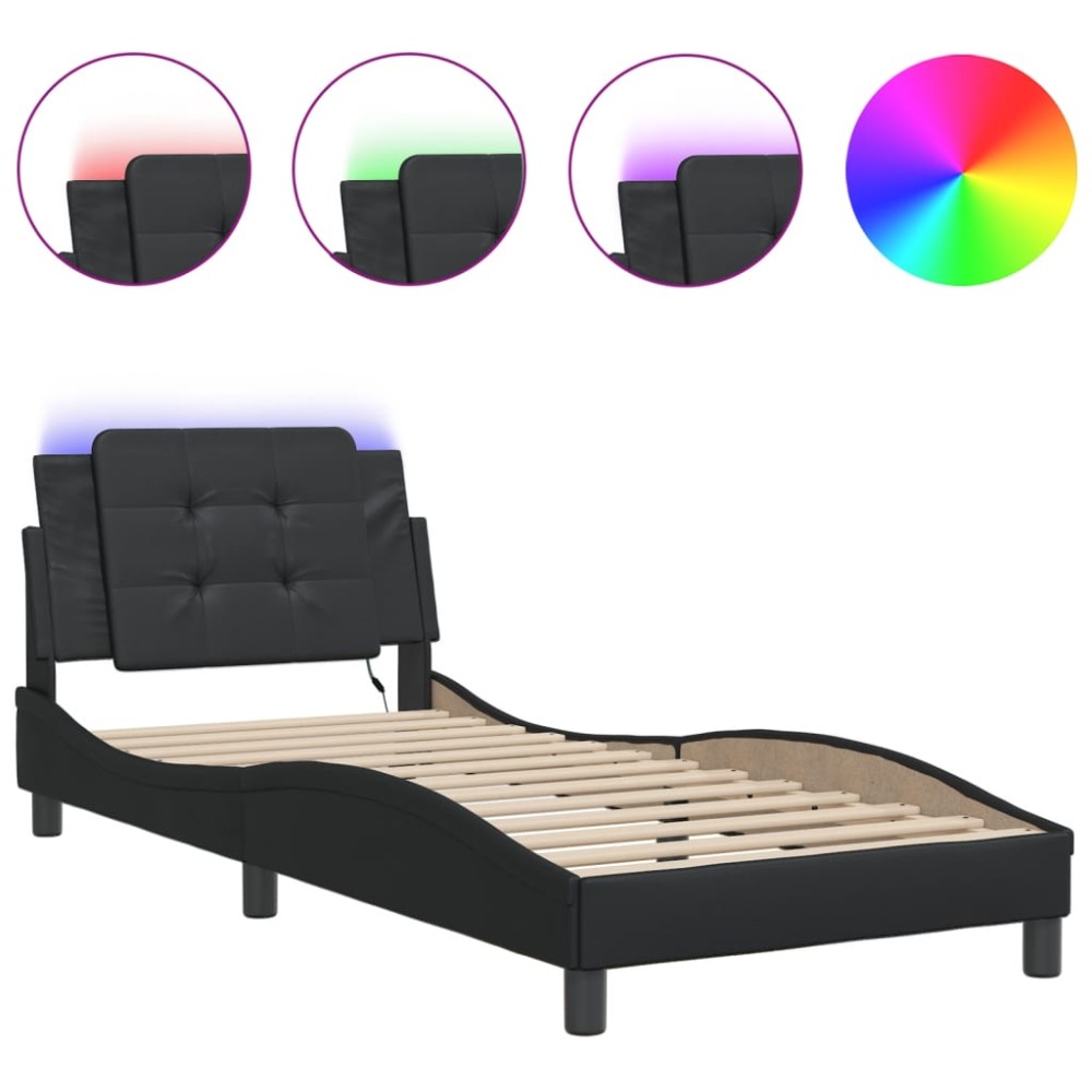 vidaXL Cadru de pat cu lumini LED, negru, 90x200 cm, piele ecologică
