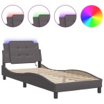 vidaXL Cadru de pat cu lumini LED, gri, 90x200 cm, piele ecologică