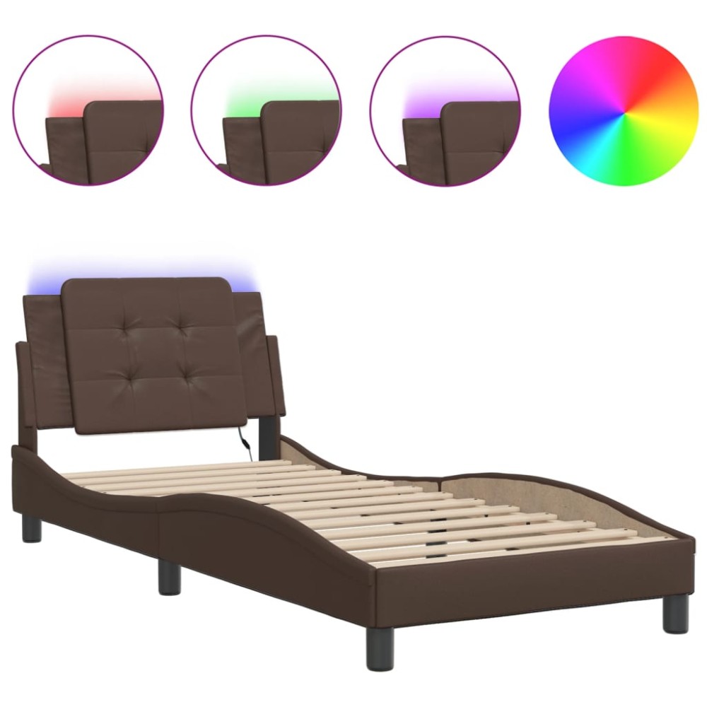 vidaXL Cadru de pat cu lumini LED, maro, 100x200 cm, piele ecologică