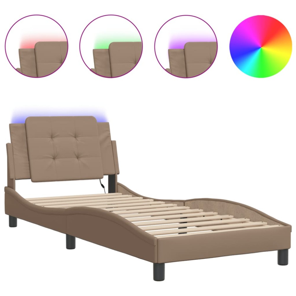 vidaXL Cadru de pat cu LED, cappuccino, 100x200 cm, piele ecologică