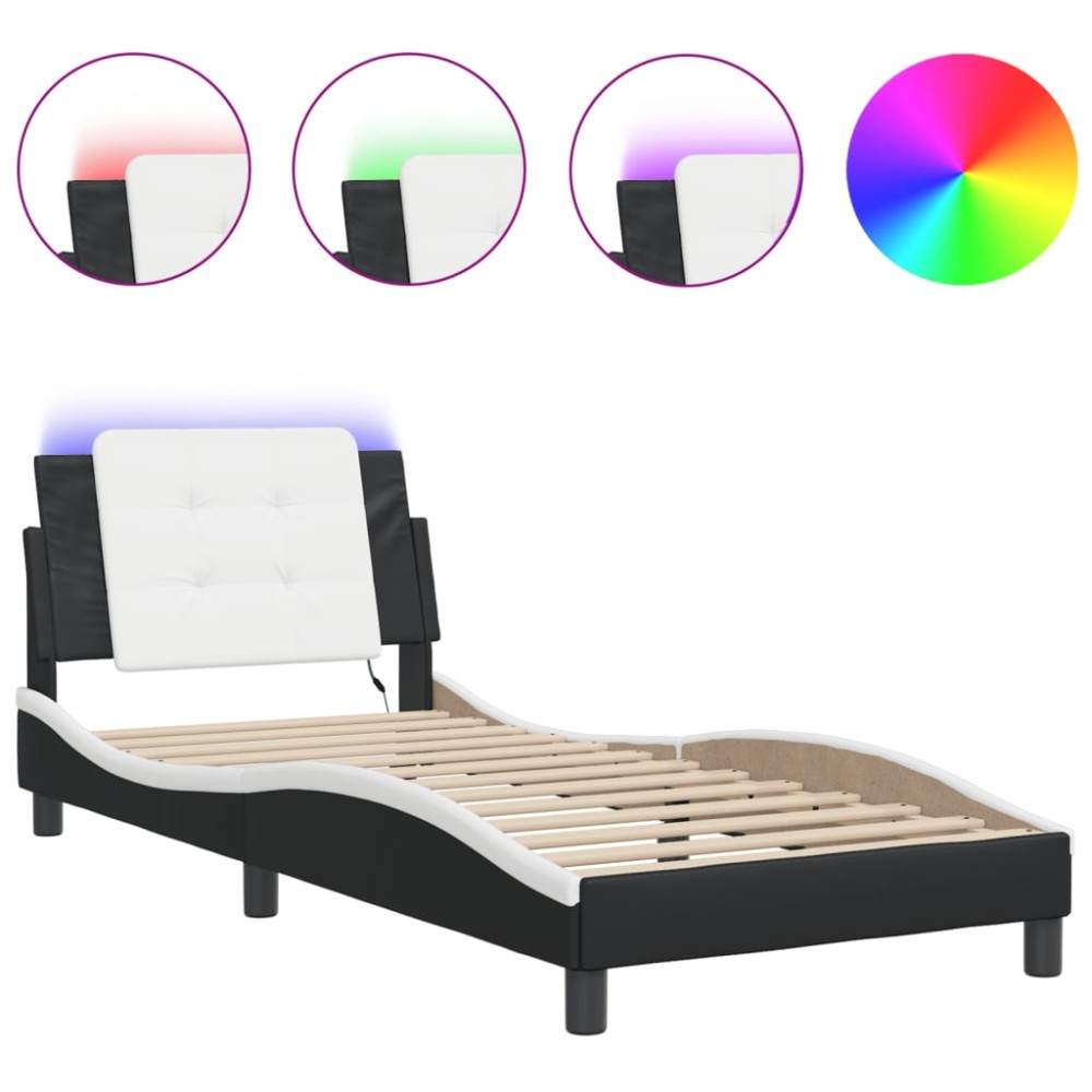 vidaXL Cadru de pat cu LED, negru și alb, 100x200 cm, piele ecologică