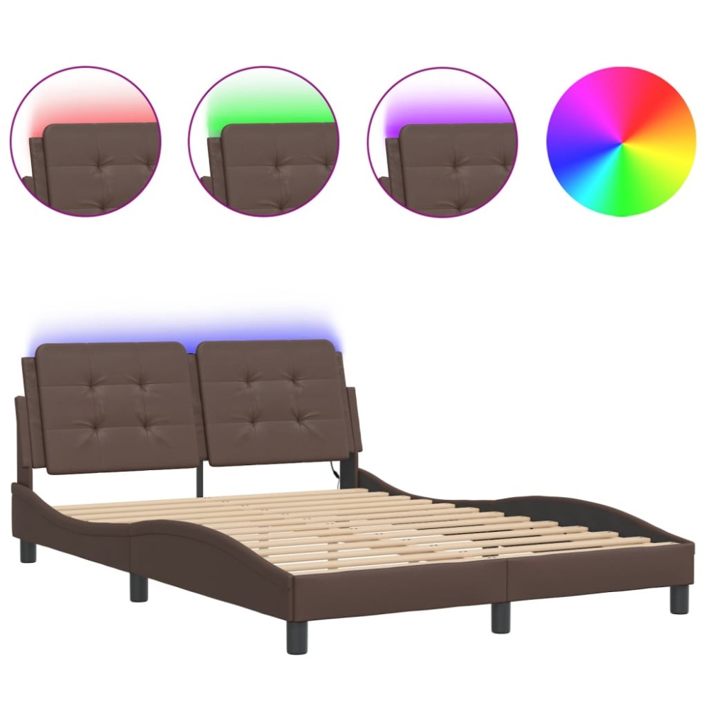 vidaXL Cadru de pat cu lumini LED, maro, 120x200 cm, piele ecologică