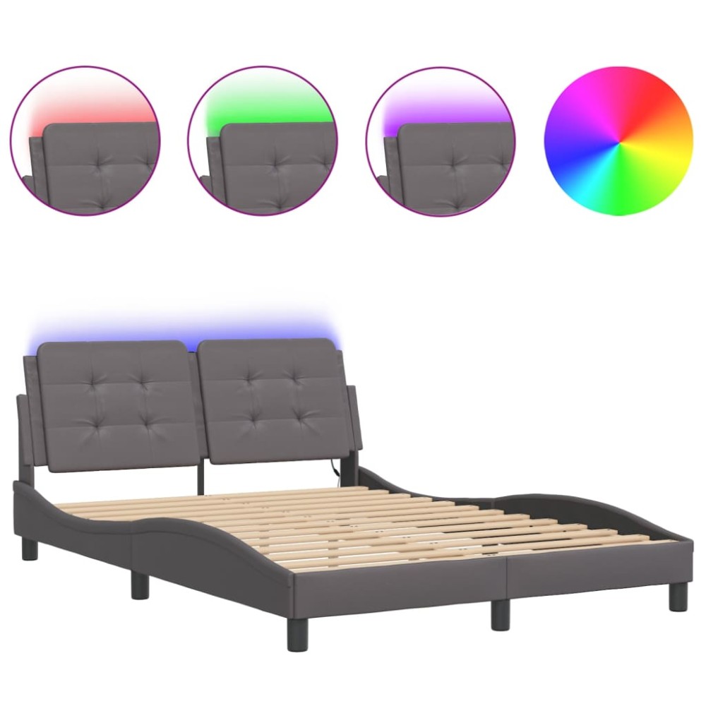 vidaXL Cadru de pat cu lumini LED, gri, 120x200 cm, piele ecologică