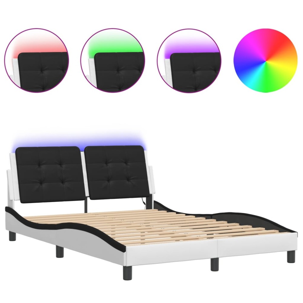 vidaXL Cadru de pat cu LED, alb și negru, 140x200 cm, piele ecologică