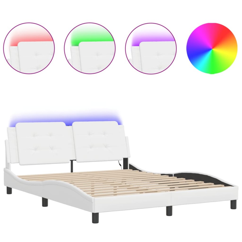 vidaXL Cadru de pat cu lumini LED, alb, 160x200 cm, piele ecologică