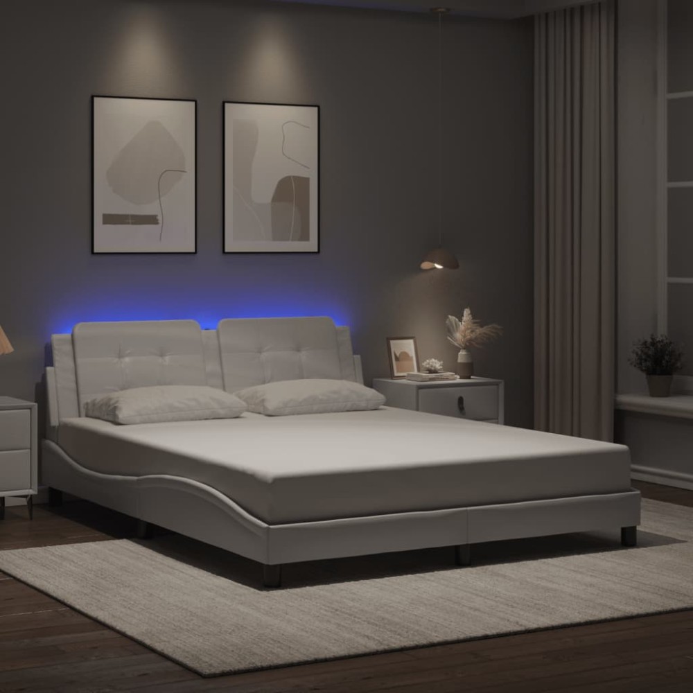 vidaXL Cadru de pat cu lumini LED, alb, 160x200 cm, piele ecologică