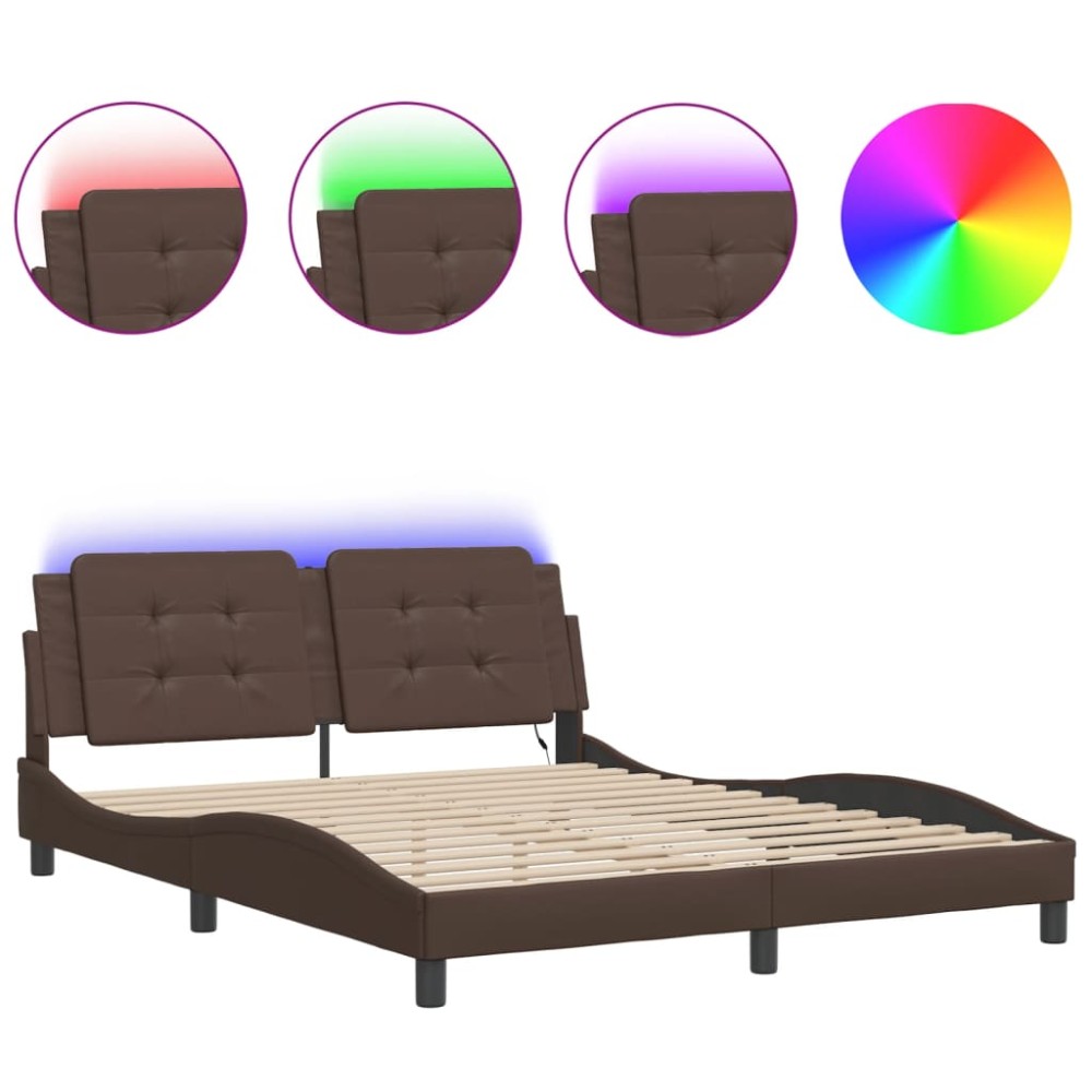 vidaXL Cadru de pat cu lumini LED, maro, 160x200 cm, piele ecologică