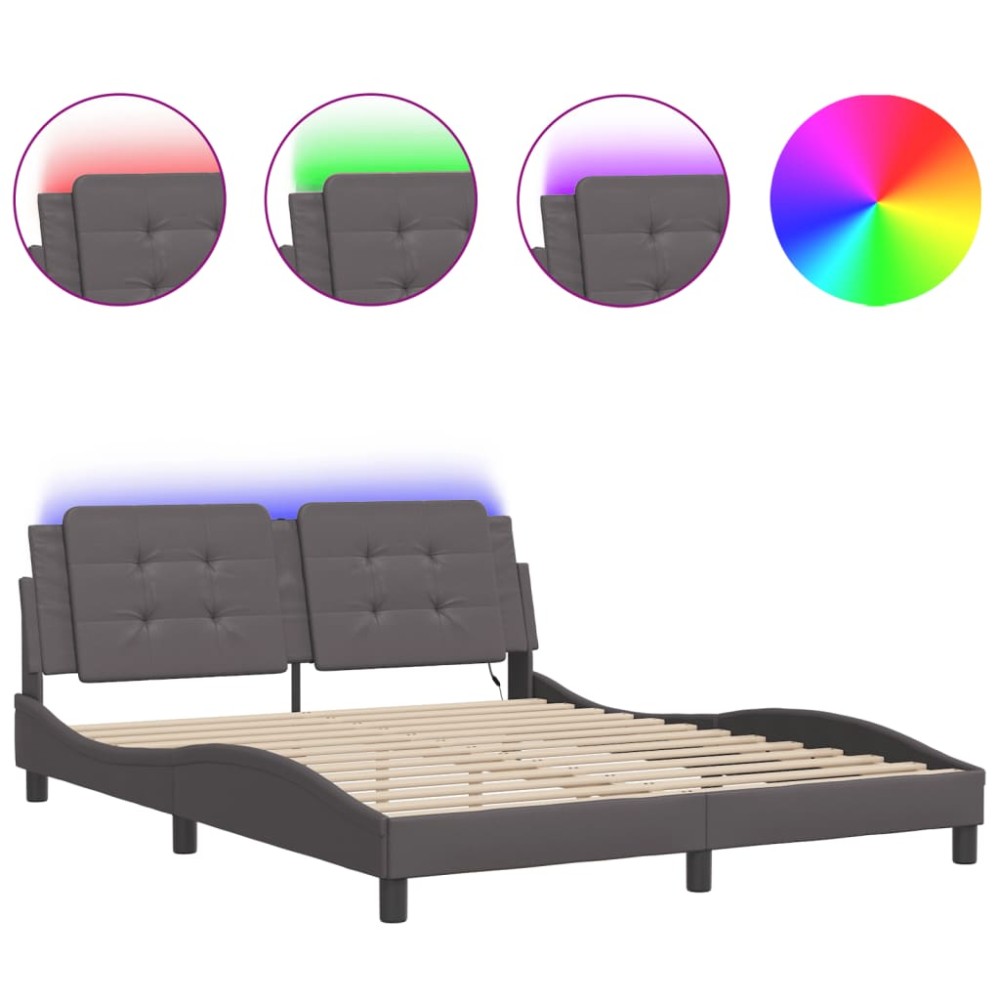 vidaXL Cadru de pat cu lumini LED, gri, 160x200 cm, piele ecologică