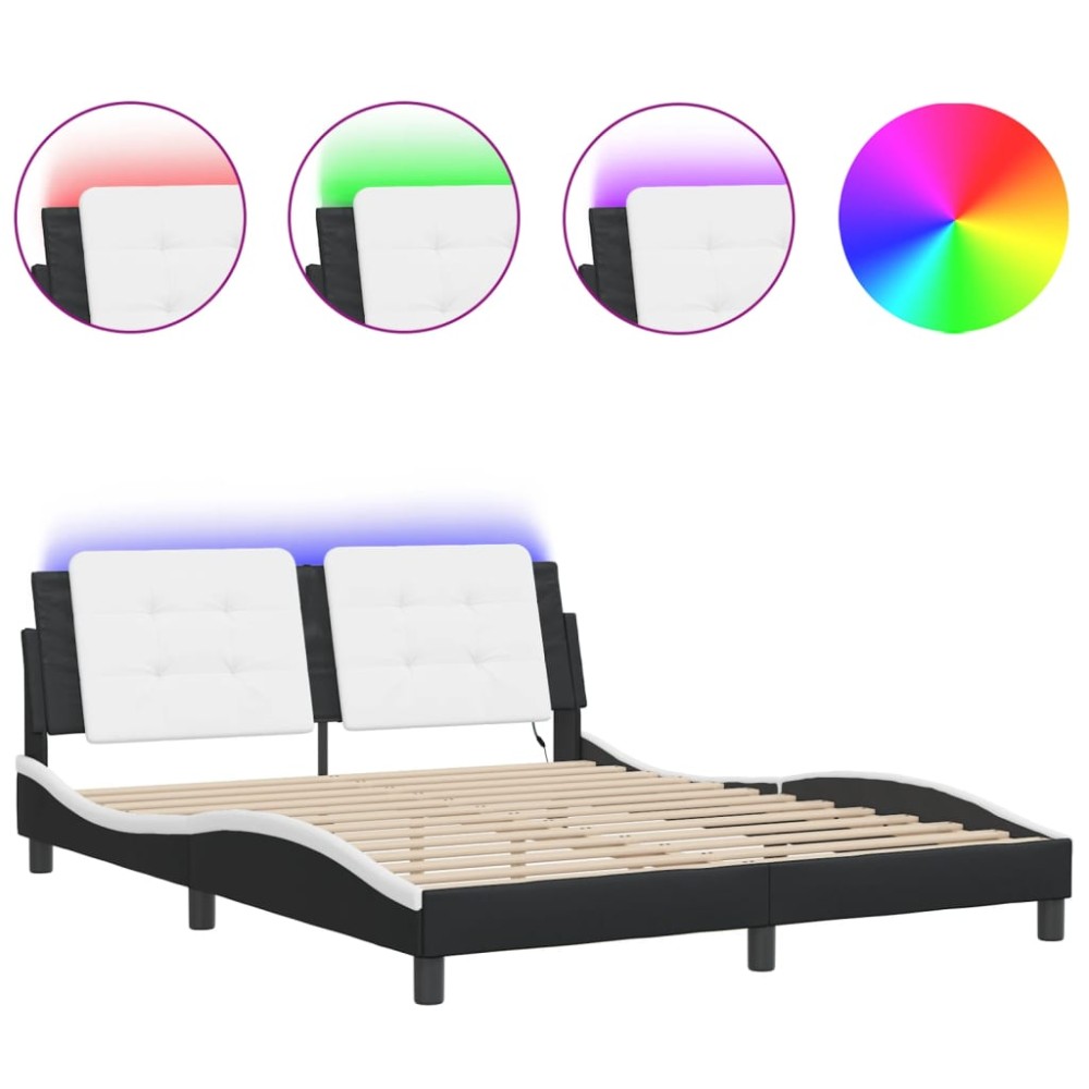 vidaXL Cadru de pat cu LED, negru și alb, 160x200 cm, piele ecologică