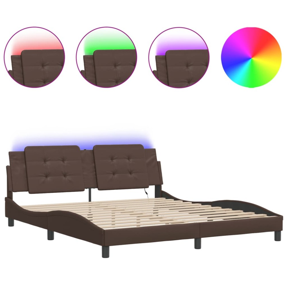 vidaXL Cadru de pat cu lumini LED, maro, 180x200 cm, piele ecologică