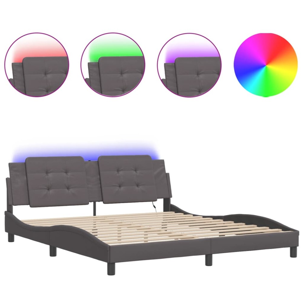 vidaXL Cadru de pat cu lumini LED, gri, 180x200 cm, piele ecologică