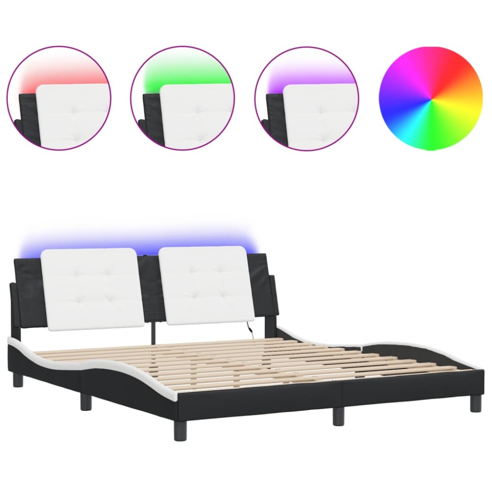 vidaXL Cadru de pat cu LED, negru și alb, 180x200 cm, piele ecologică