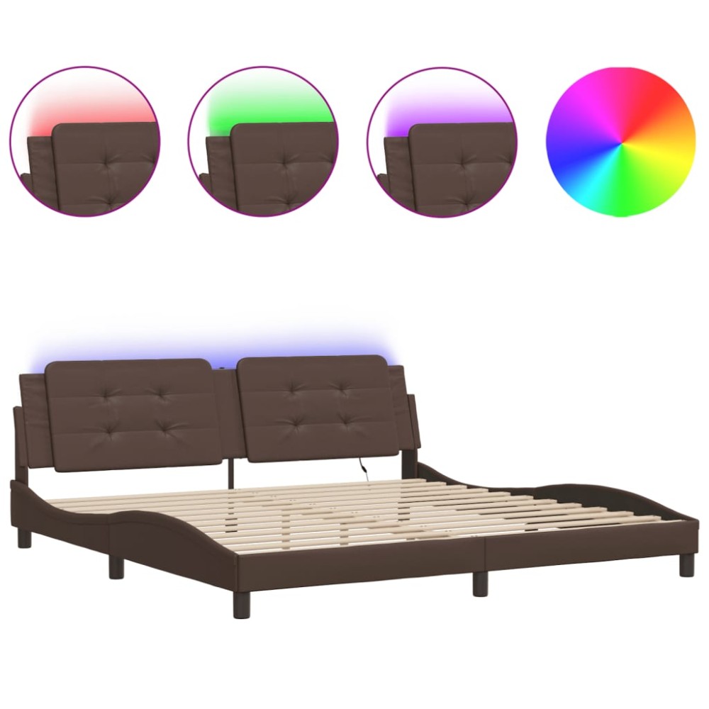 vidaXL Cadru de pat cu lumini LED, maro, 200x200 cm, piele ecologică