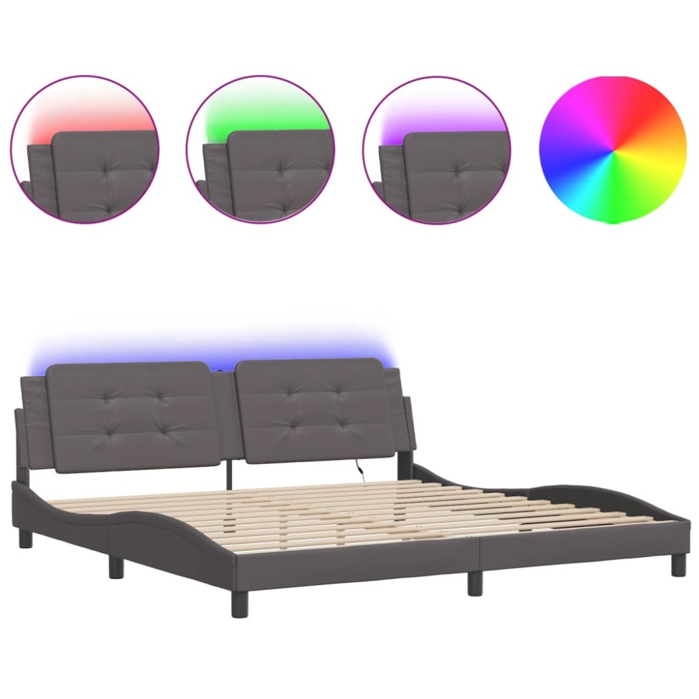 vidaXL Cadru de pat cu lumini LED, gri, 200x200 cm, piele ecologică