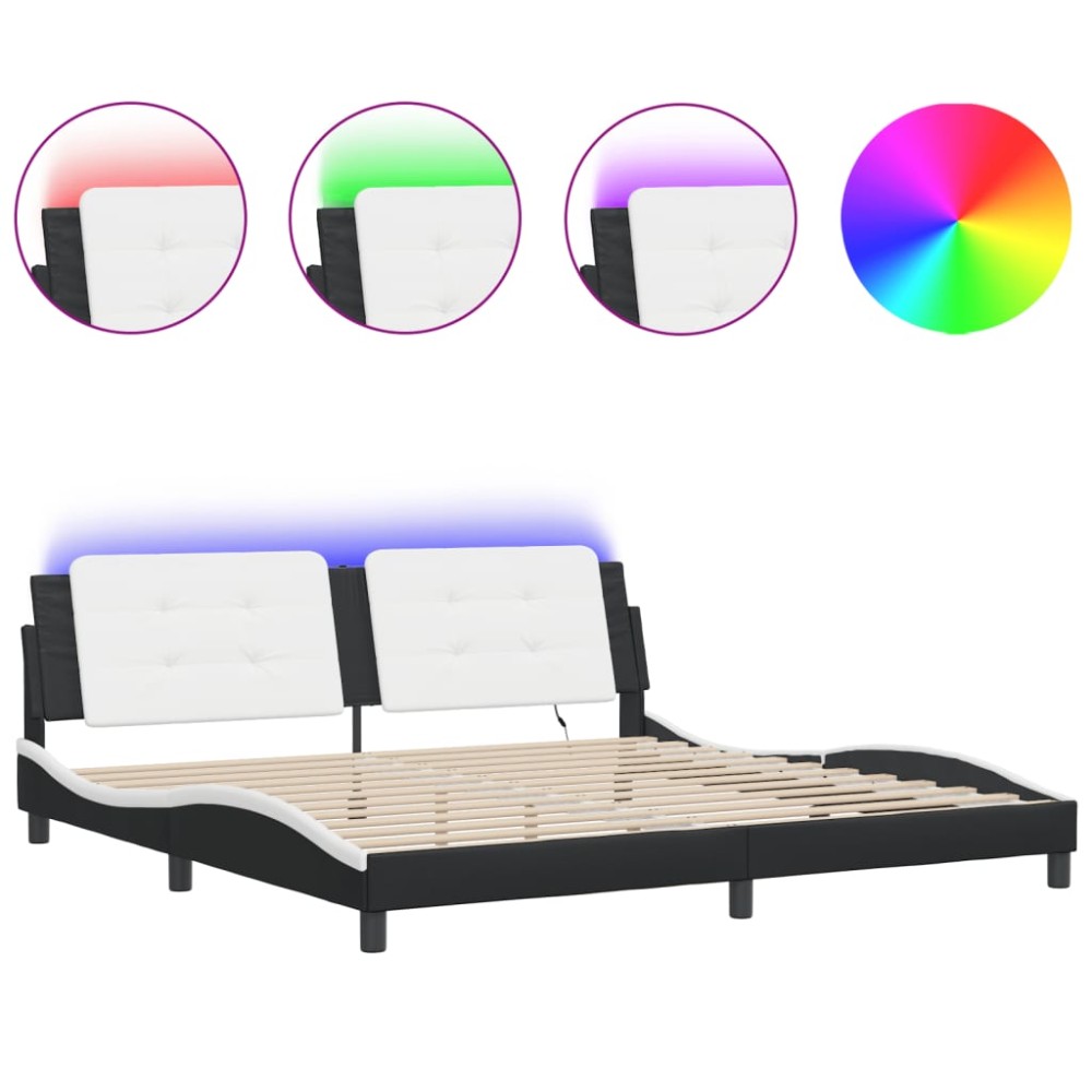 vidaXL Cadru de pat cu lumini LED negru/alb 200x200 cm piele ecologică