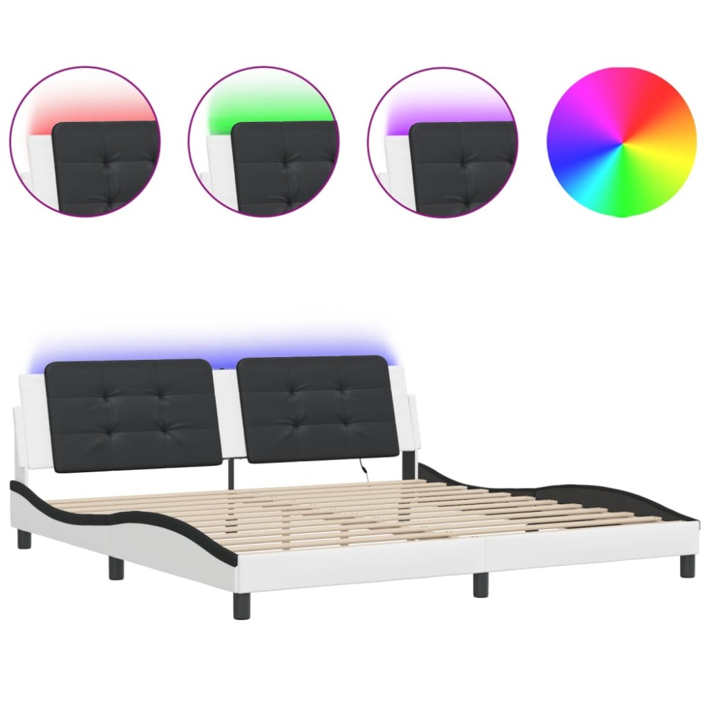 vidaXL Cadru de pat cu lumini LED alb/negru 200x200 cm piele ecologică