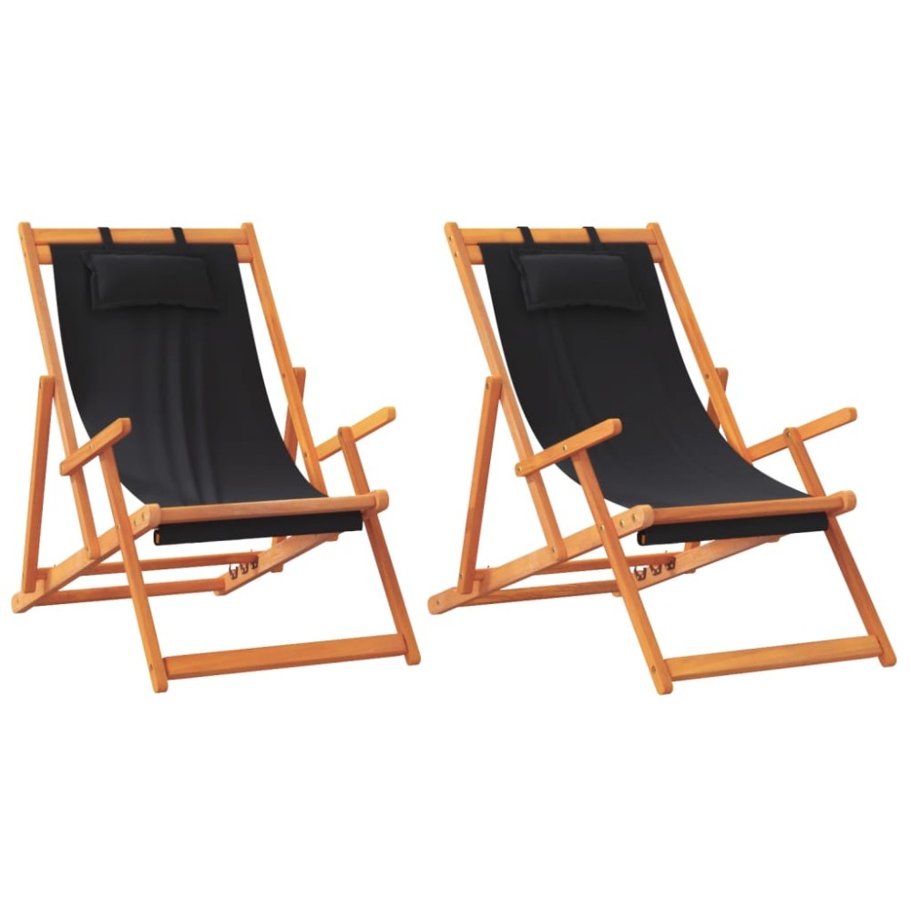 vidaXL Scaune de plajă pliante, 2 buc., negru, material textil