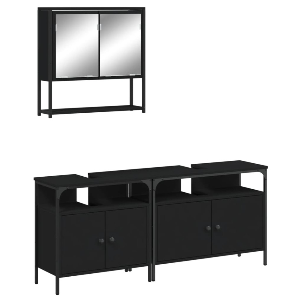 vidaXL Set mobilier de baie, 3 piese, negru, lemn compozit