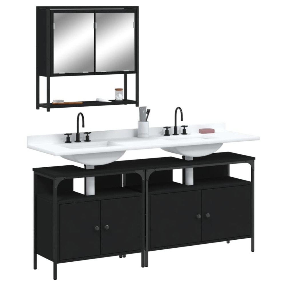 vidaXL Set mobilier de baie, 3 piese, negru, lemn compozit