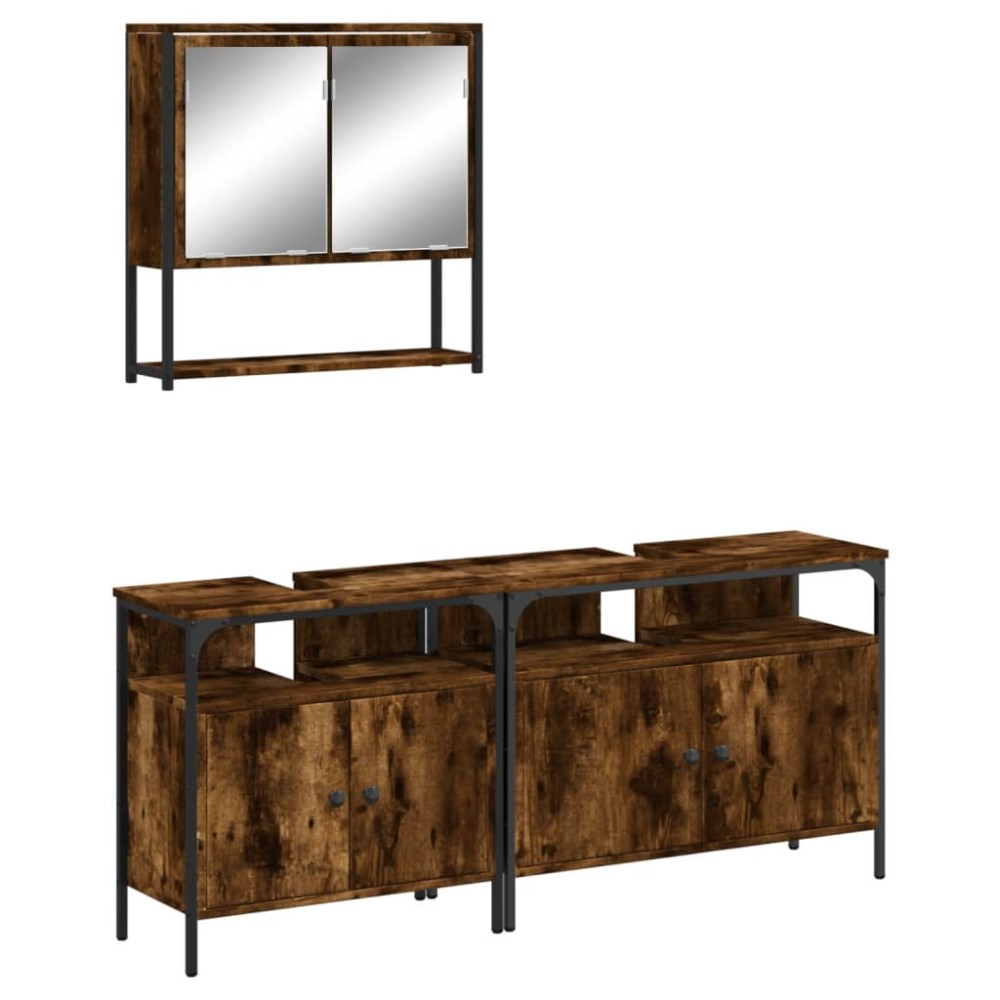 vidaXL Set mobilier de baie, 3 piese, stejar fumuriu, lemn prelucrat