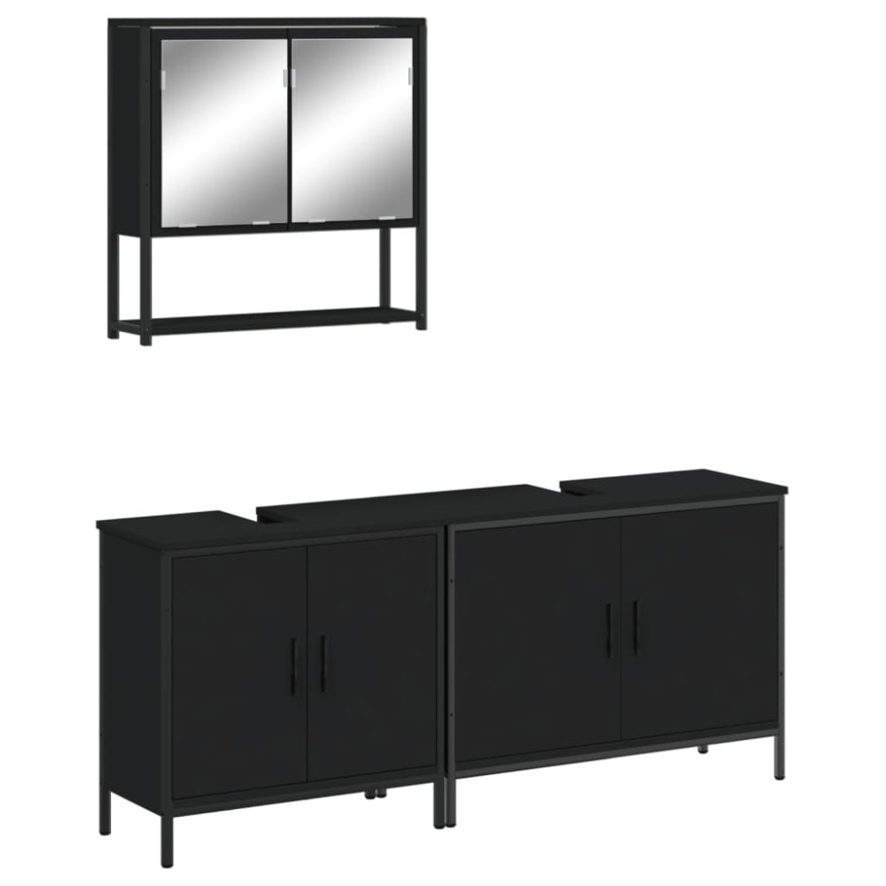 vidaXL Set mobilier de baie, 3 piese, negru, lemn compozit