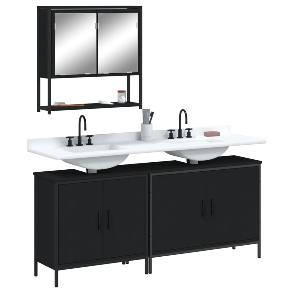 vidaXL Set mobilier de baie, 3 piese, negru, lemn compozit