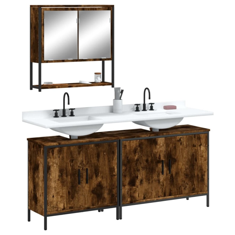 vidaXL Set mobilier de baie, 3 piese, stejar fumuriu, lemn prelucrat