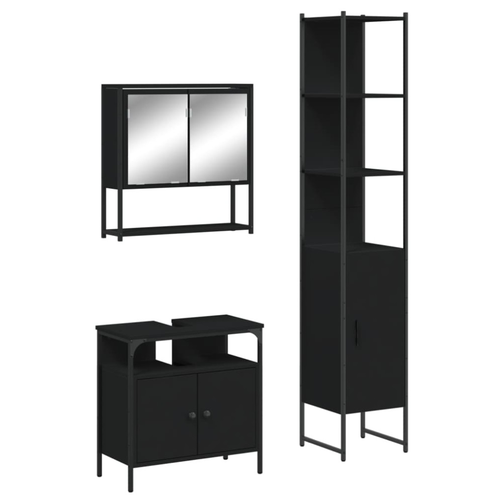 vidaXL Set mobilier de baie, 3 piese, negru, lemn compozit