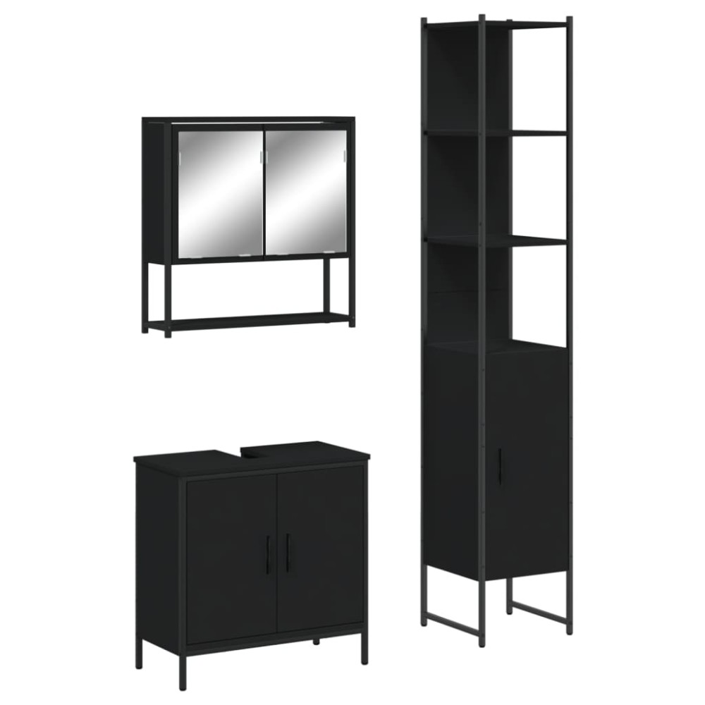 vidaXL Set mobilier de baie, 3 piese, negru, lemn compozit