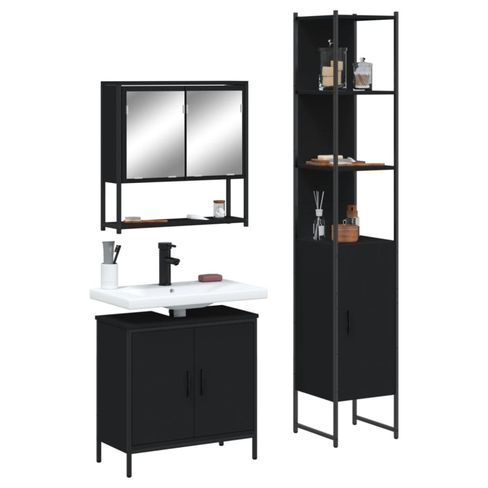 vidaXL Set mobilier de baie, 3 piese, negru, lemn compozit