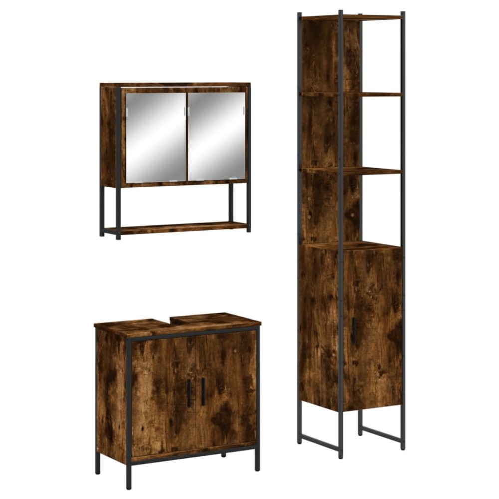 vidaXL Set mobilier de baie, 3 piese, stejar fumuriu, lemn prelucrat