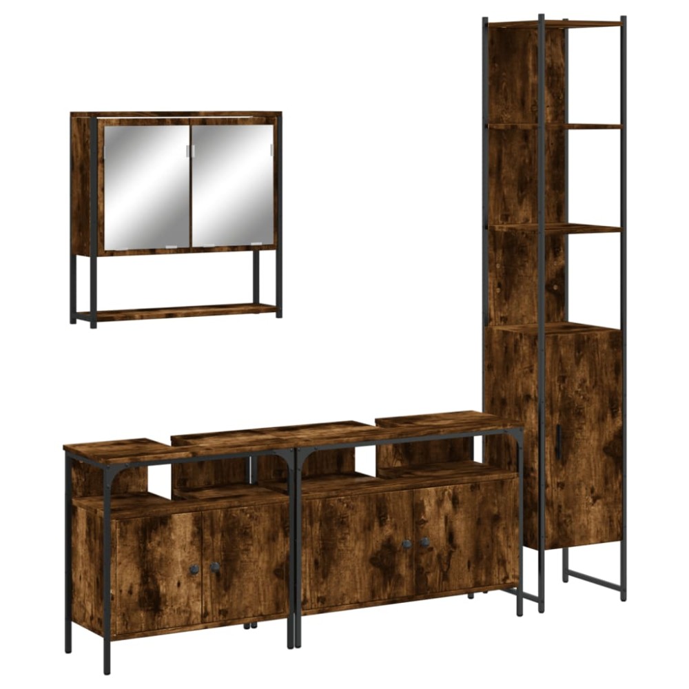 vidaXL Set mobilier de baie, 4 piese, stejar fumuriu, lemn prelucrat