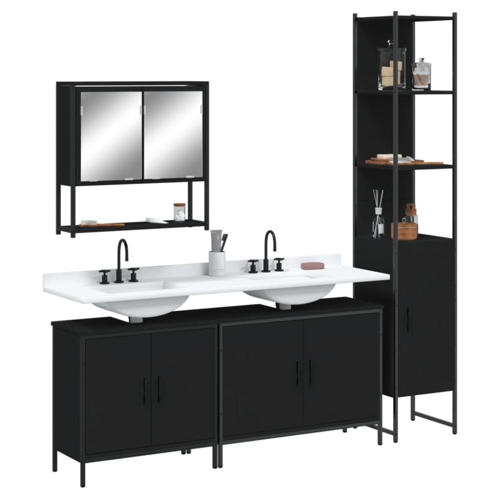 vidaXL Set mobilier de baie, 4 piese, negru, lemn prelucrat
