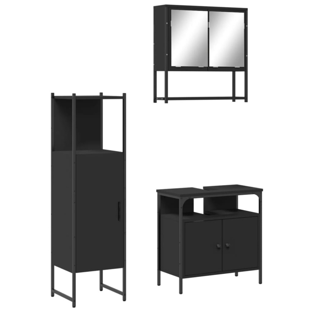 vidaXL Set mobilier de baie, 3 piese, negru, lemn compozit