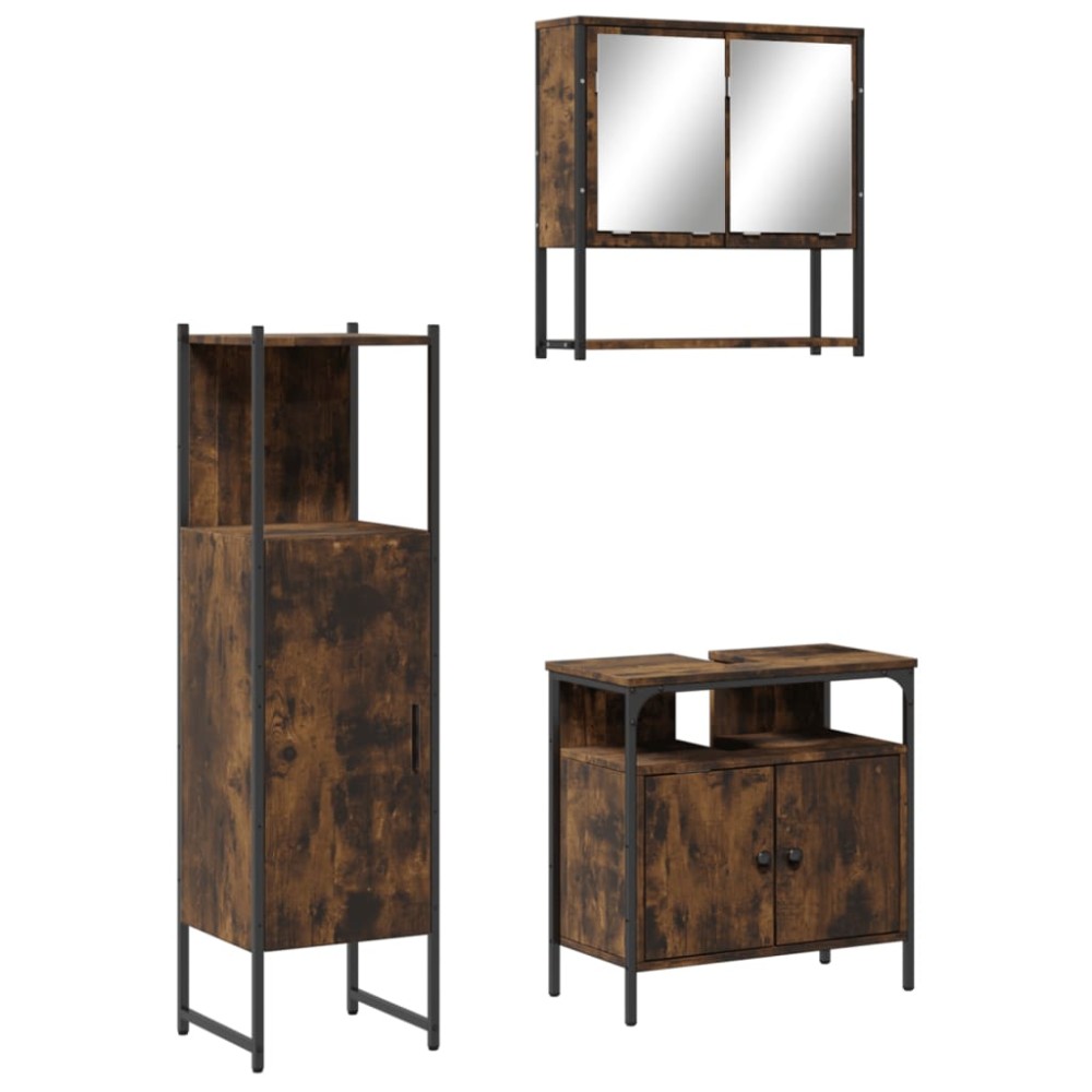 vidaXL Set mobilier de baie, 3 piese, stejar fumuriu, lemn prelucrat
