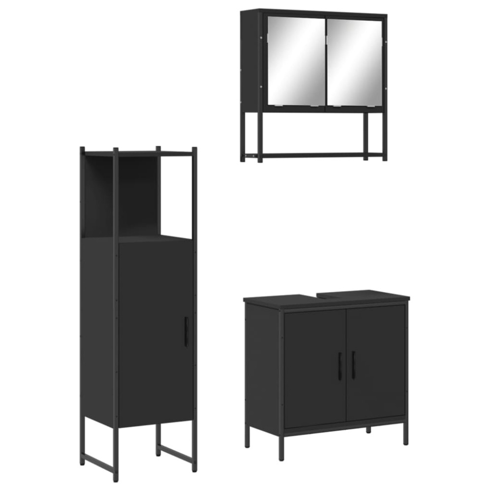 vidaXL Set mobilier de baie, 3 piese, negru, lemn compozit