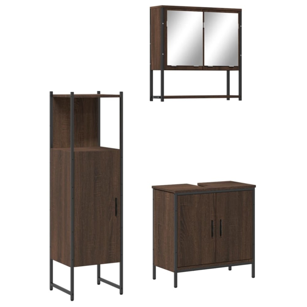 vidaXL Set mobilier de baie, 3 piese, stejar maro, lemn prelucrat