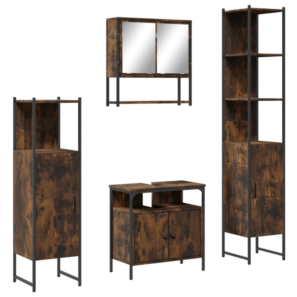 vidaXL Set mobilier de baie, 4 piese, stejar fumuriu, lemn prelucrat