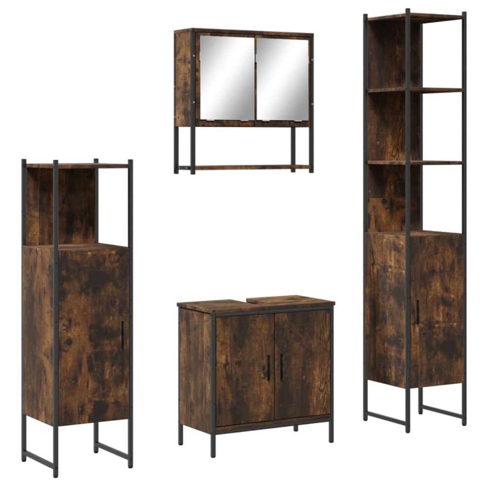 vidaXL Set mobilier de baie, 4 piese, stejar fumuriu, lemn prelucrat