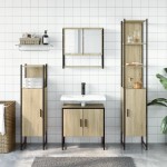 vidaXL Set mobilier de baie, 4 piese, stejar fumuriu, lemn prelucrat