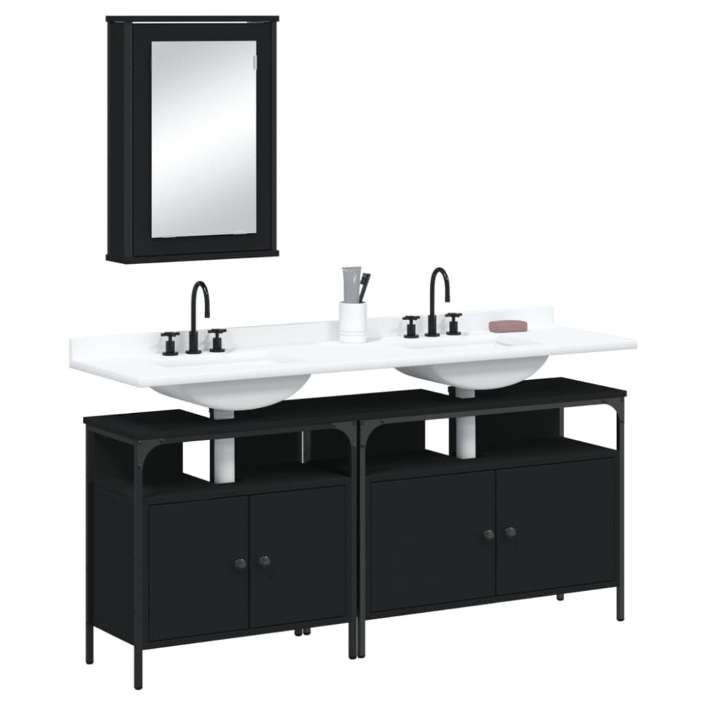 vidaXL Set mobilier de baie, 3 piese, negru, lemn compozit