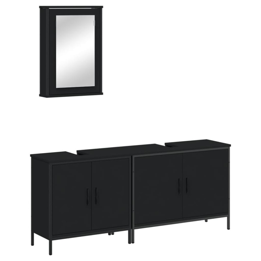vidaXL Set mobilier de baie, 3 piese, negru, lemn compozit