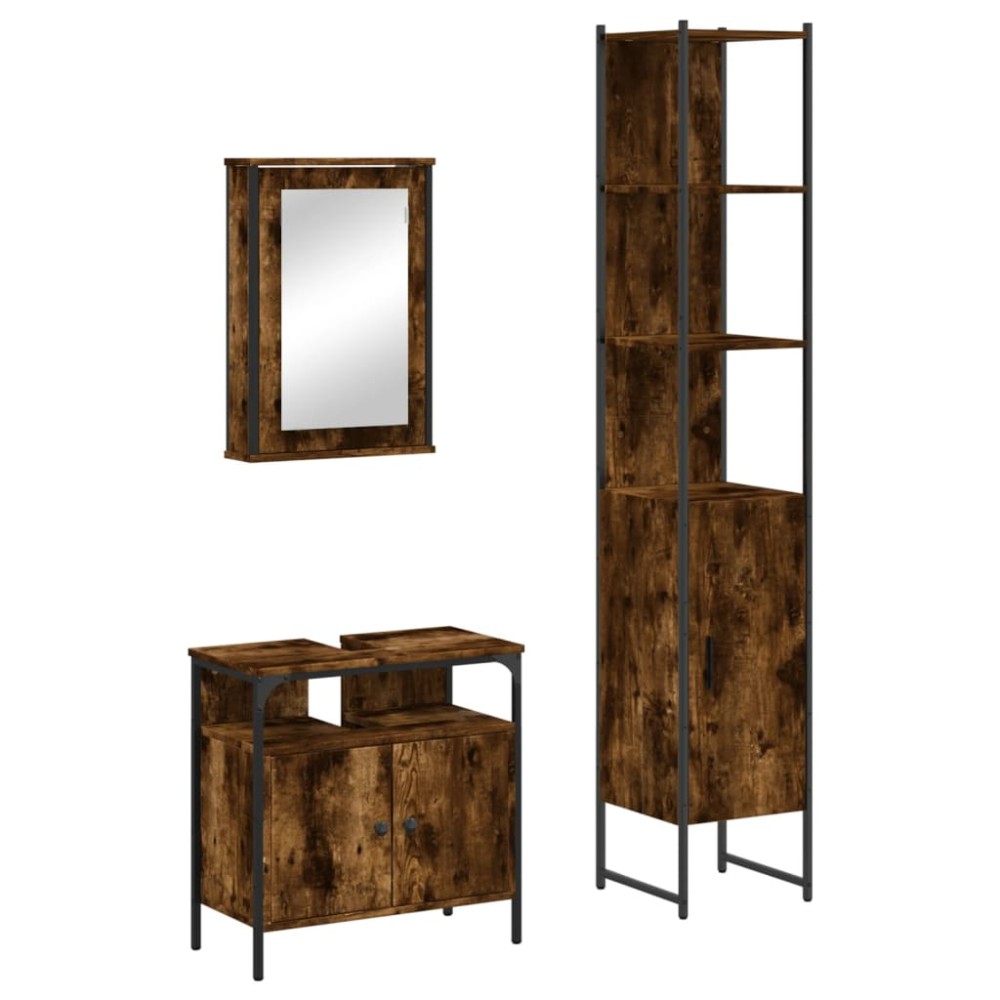 vidaXL Set mobilier de baie, 3 piese, stejar fumuriu, lemn prelucrat