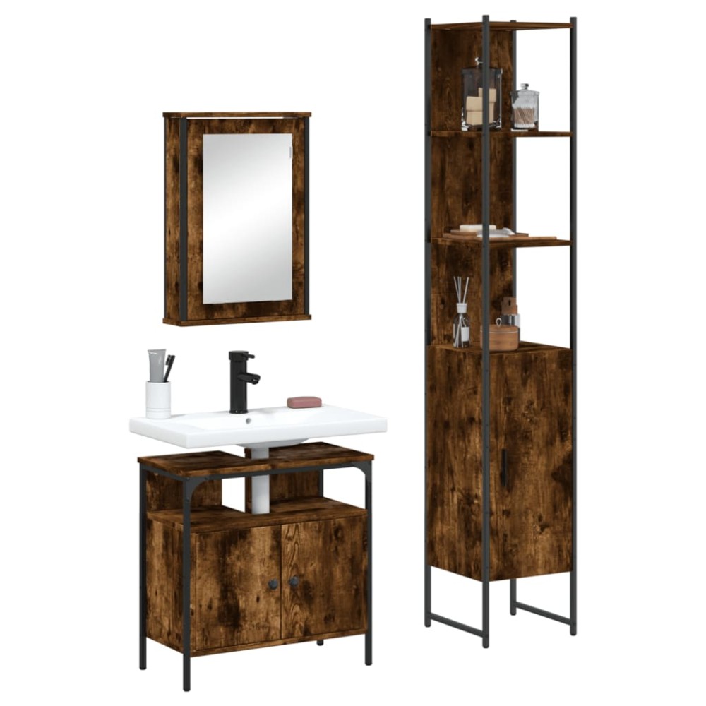 vidaXL Set mobilier de baie, 3 piese, stejar fumuriu, lemn prelucrat